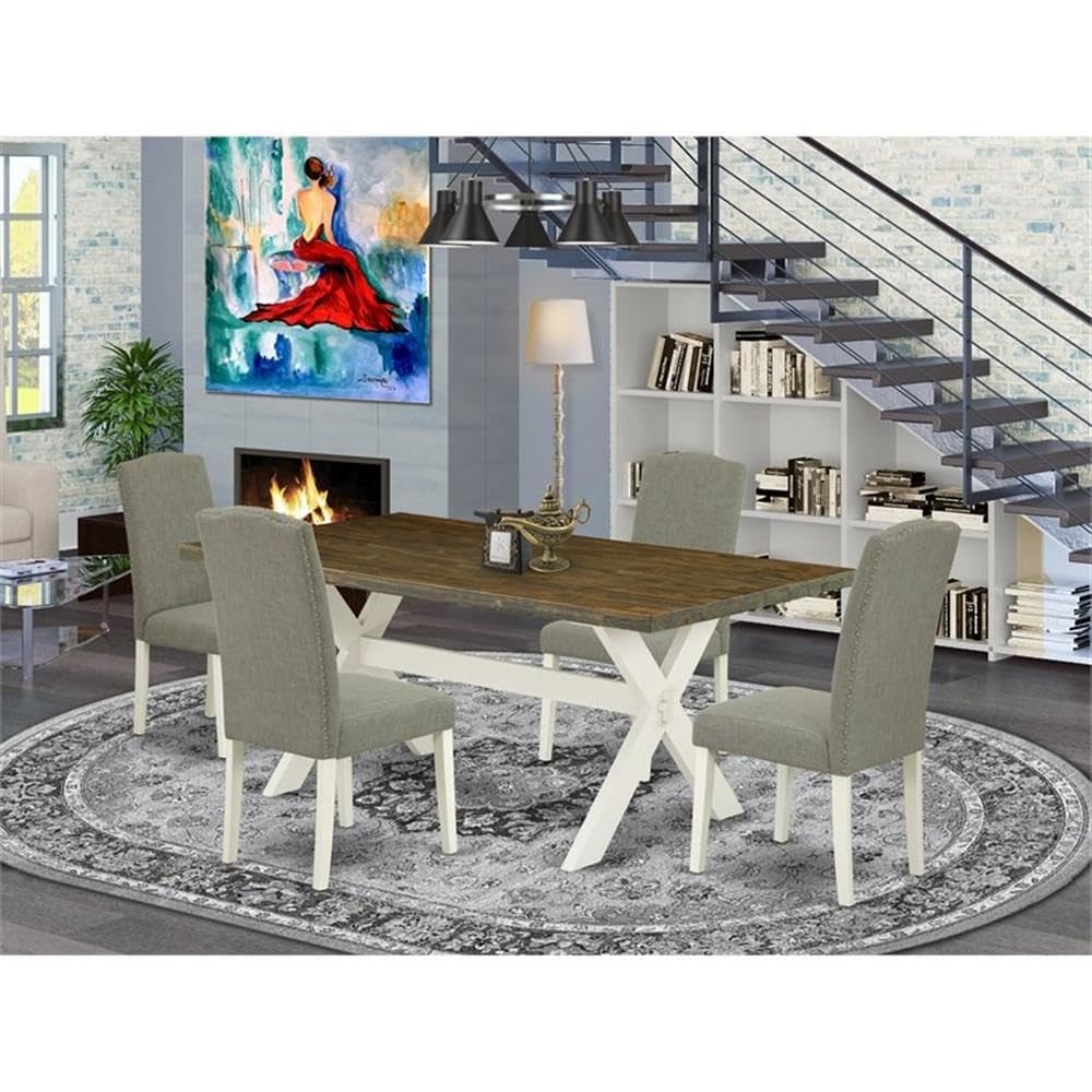 East West Furniture X077En206-5 5 Piece Modern Dining Table Set Includes A Rectangle Wooden Table With X-Legs And 4 Dark Shitake Linen Fabric Parson Chairs, 40X72 Inch, Multi-Color